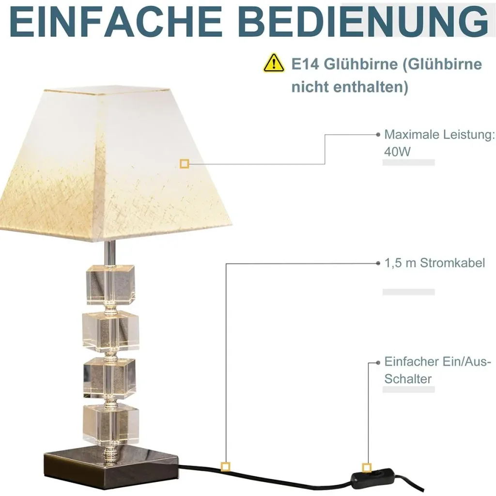 Tischlampe mit Kristallsockel cremeweiß