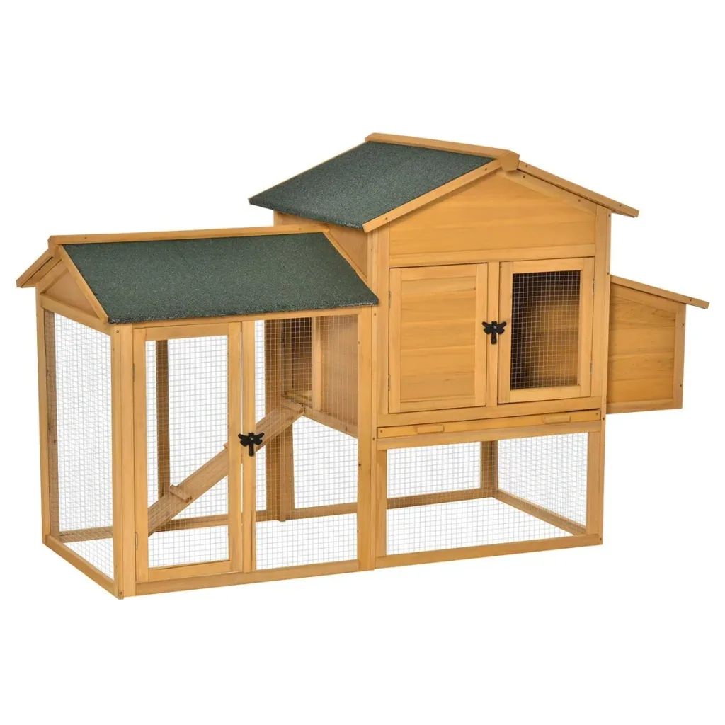 Hühnerstall Hühnerhaus mit Auslauf Geflügelstall mit Stange Fenster Nistkasten Tannenholz Gelb+Grün 168x75x103 cm