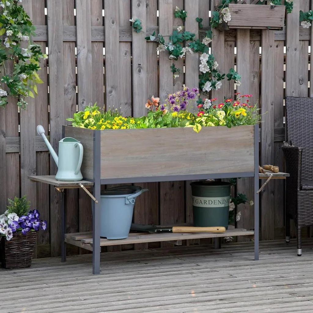 Hochbeet Pflanzkasten mit 2 faltbaren Ablagen unterer Ablagefläche Blumenkasten Blumentopf Kräuterbeet Massivholz Hellgr
