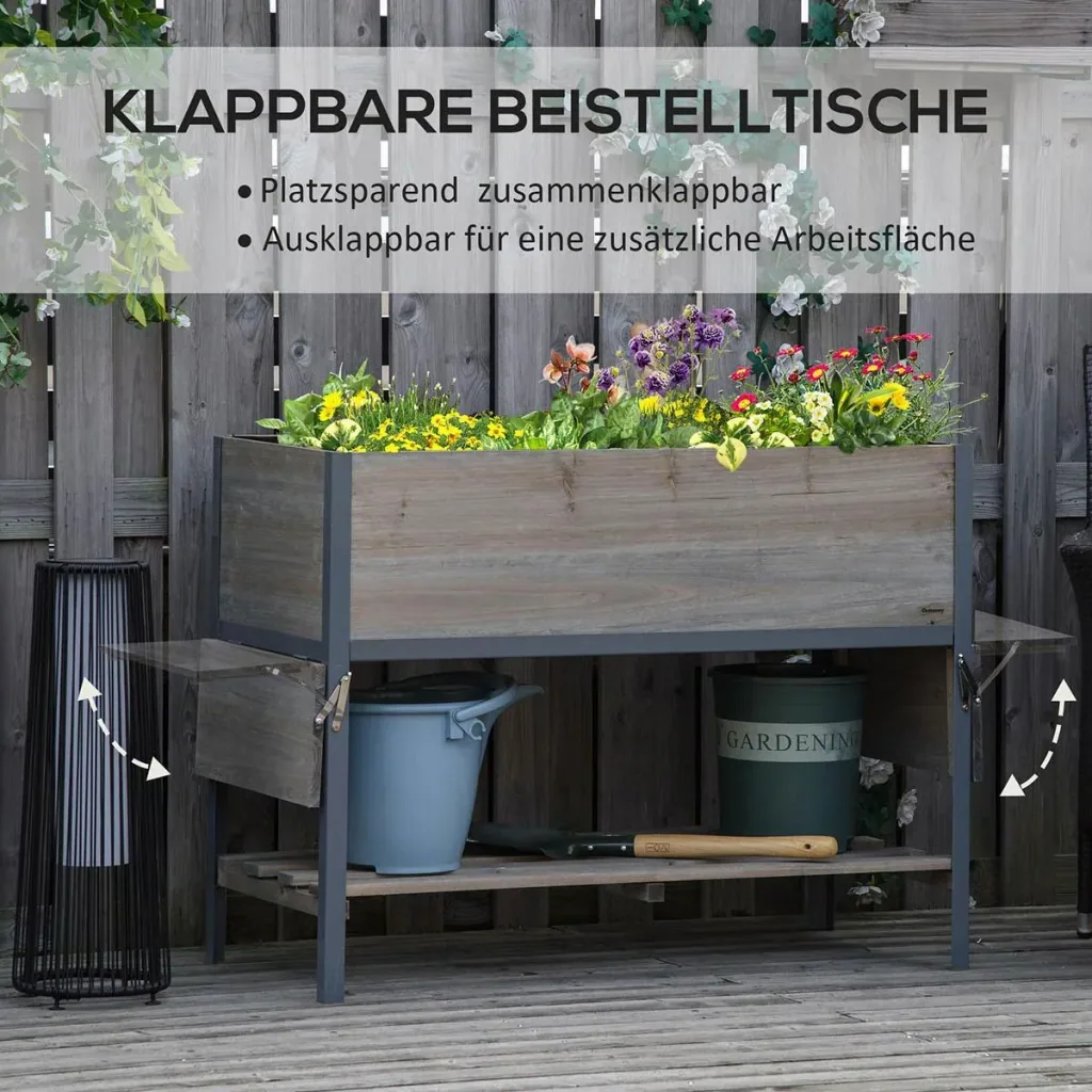 Hochbeet Pflanzkasten mit 2 faltbaren Ablagen unterer Ablagefläche Blumenkasten Blumentopf Kräuterbeet Massivholz Hellgr