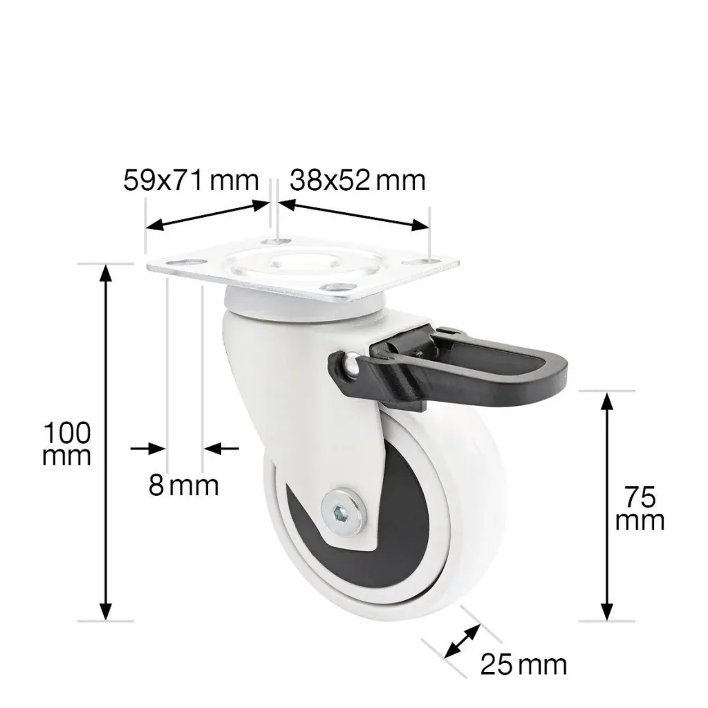 Design 3C Lenkrollen 4 teiliges Set - Ø 75 mm, soft, weiß, 2 Rollen mit & 2 ohne Feststeller, Tragkraft 75 kg / Rolle