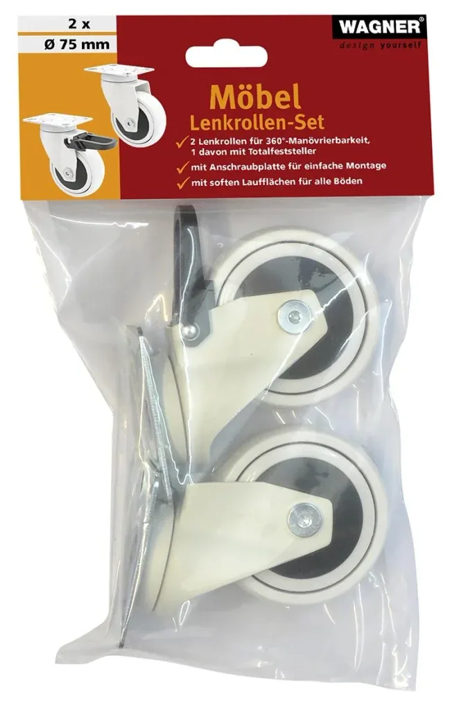 Design 3C Lenkrollen 4 teiliges Set - Ø 75 mm, soft, weiß, 2 Rollen mit & 2 ohne Feststeller, Tragkraft 75 kg / Rolle