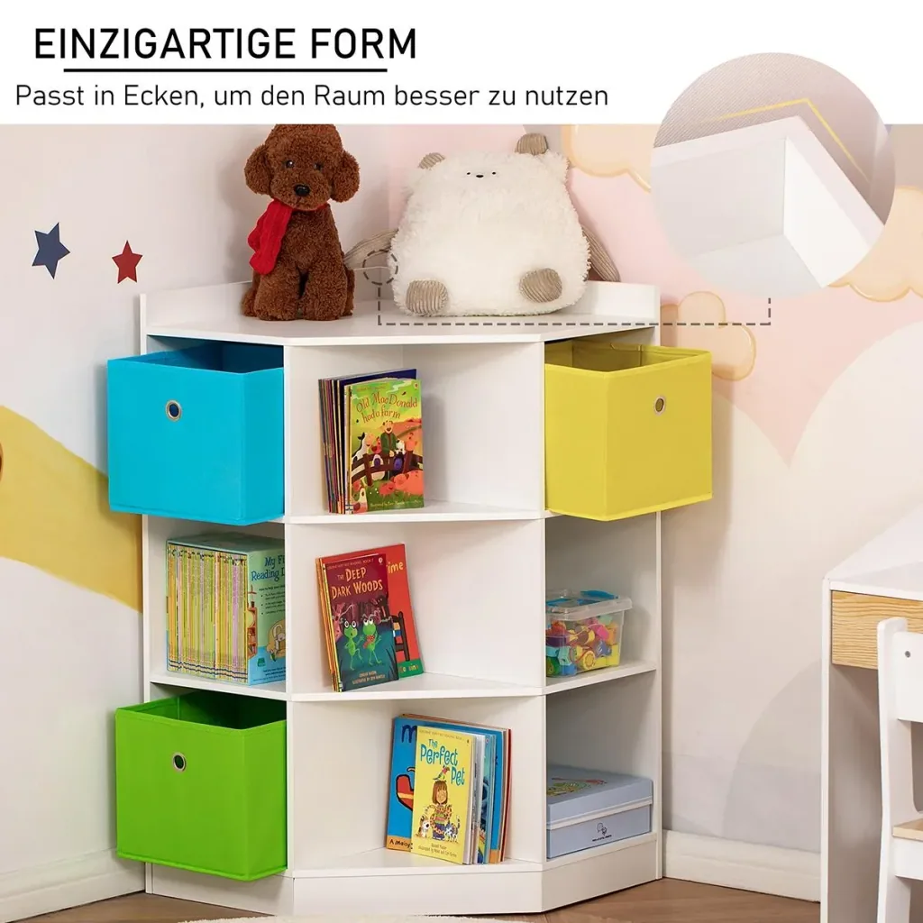 Kinderregal Eckregal mit 3 Aufbewahrungsboxen Kinderzimmer Spielzeugablage für 3-12 Jahre Kinder Weiß 57,4 x 57,4 x 94 c
