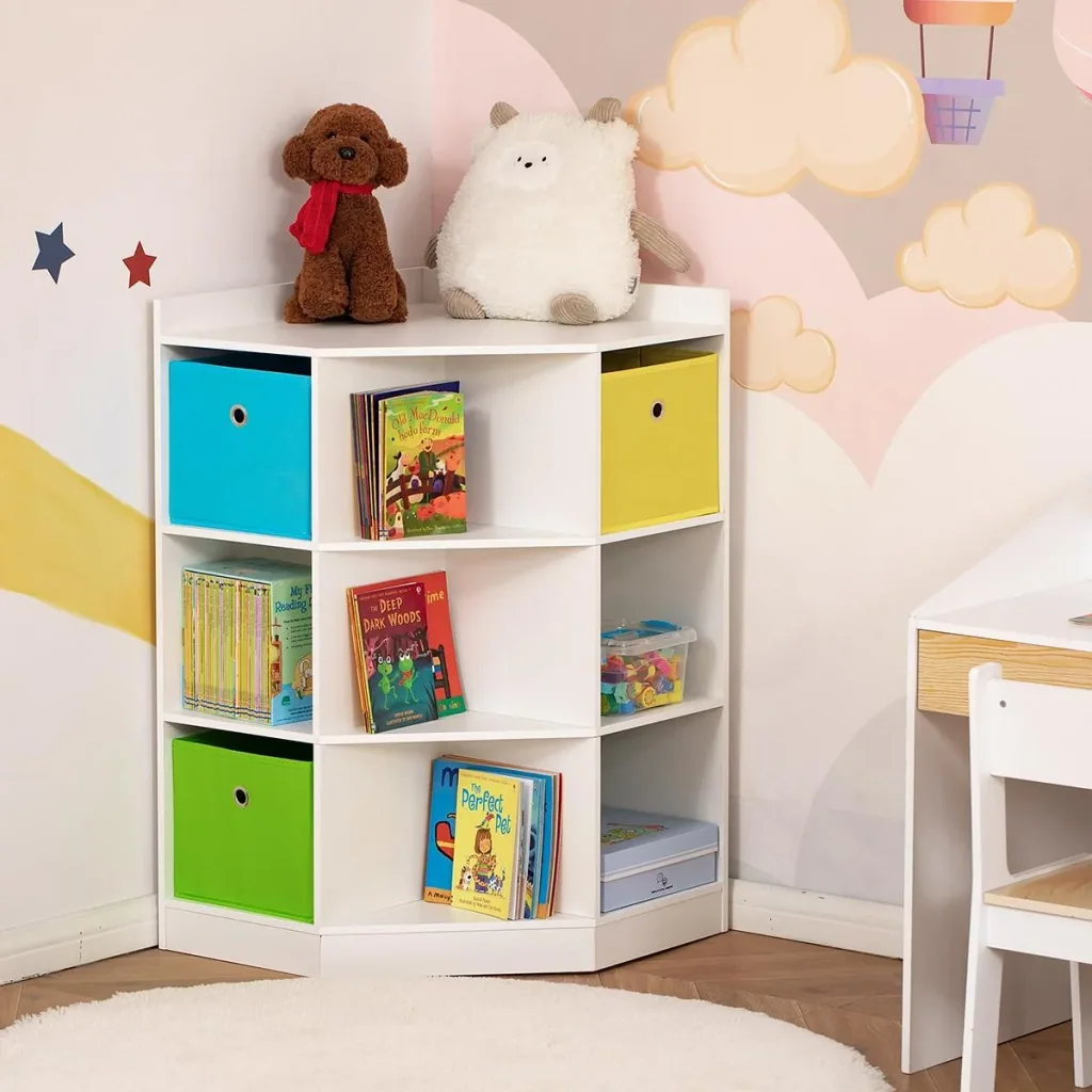 Kinderregal Eckregal mit 3 Aufbewahrungsboxen Kinderzimmer Spielzeugablage für 3-12 Jahre Kinder Weiß 57,4 x 57,4 x 94 c
