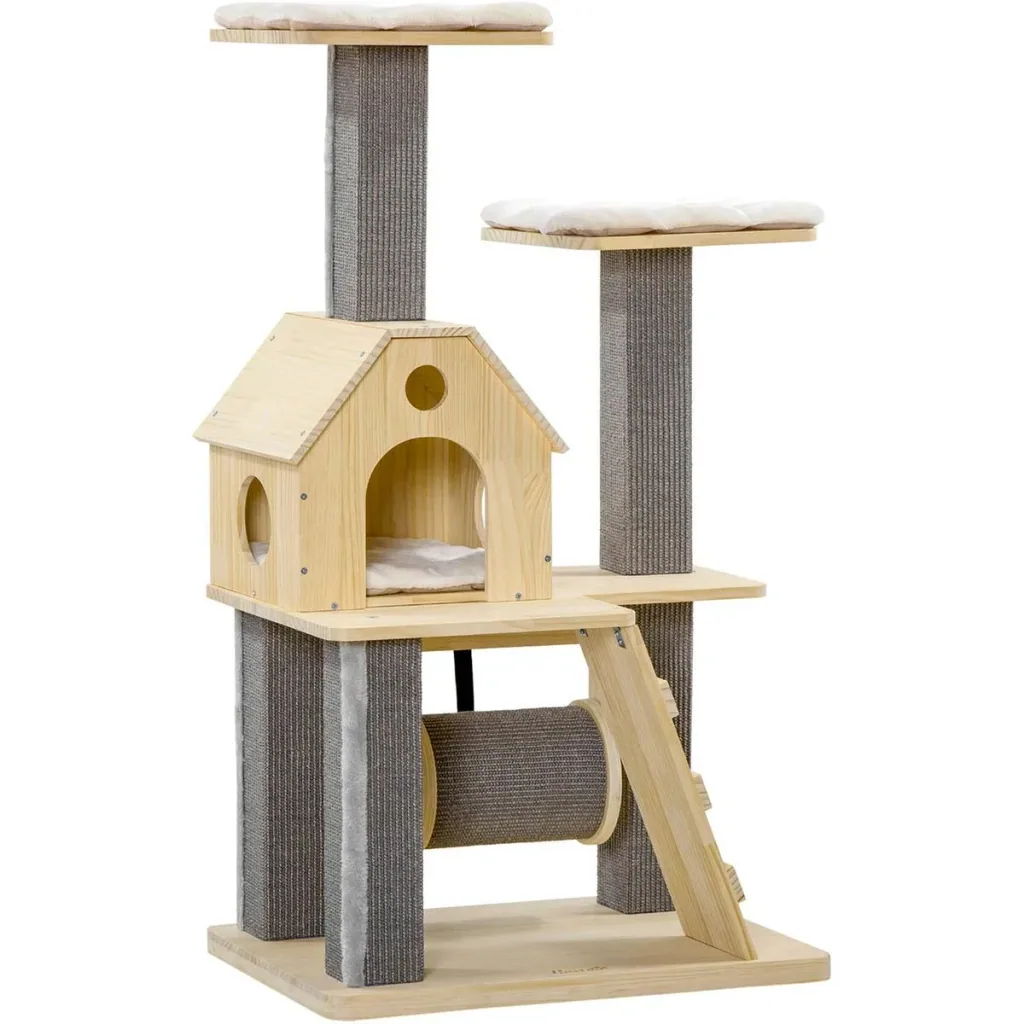 Spielplattform für Katzen - mit Haus und Leiter - Holz/Grau - 70 x 50 x 125 cm