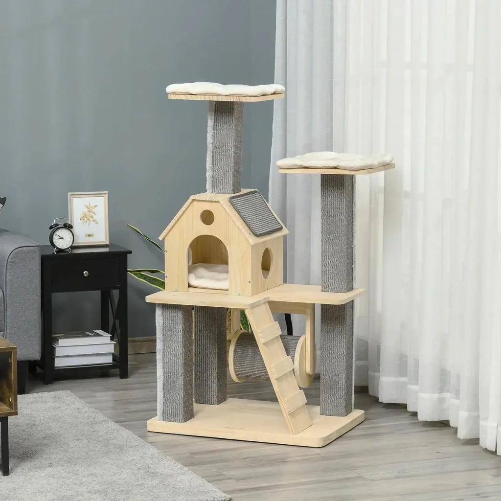 Spielplattform für Katzen - mit Haus und Leiter - Holz/Grau - 70 x 50 x 125 cm