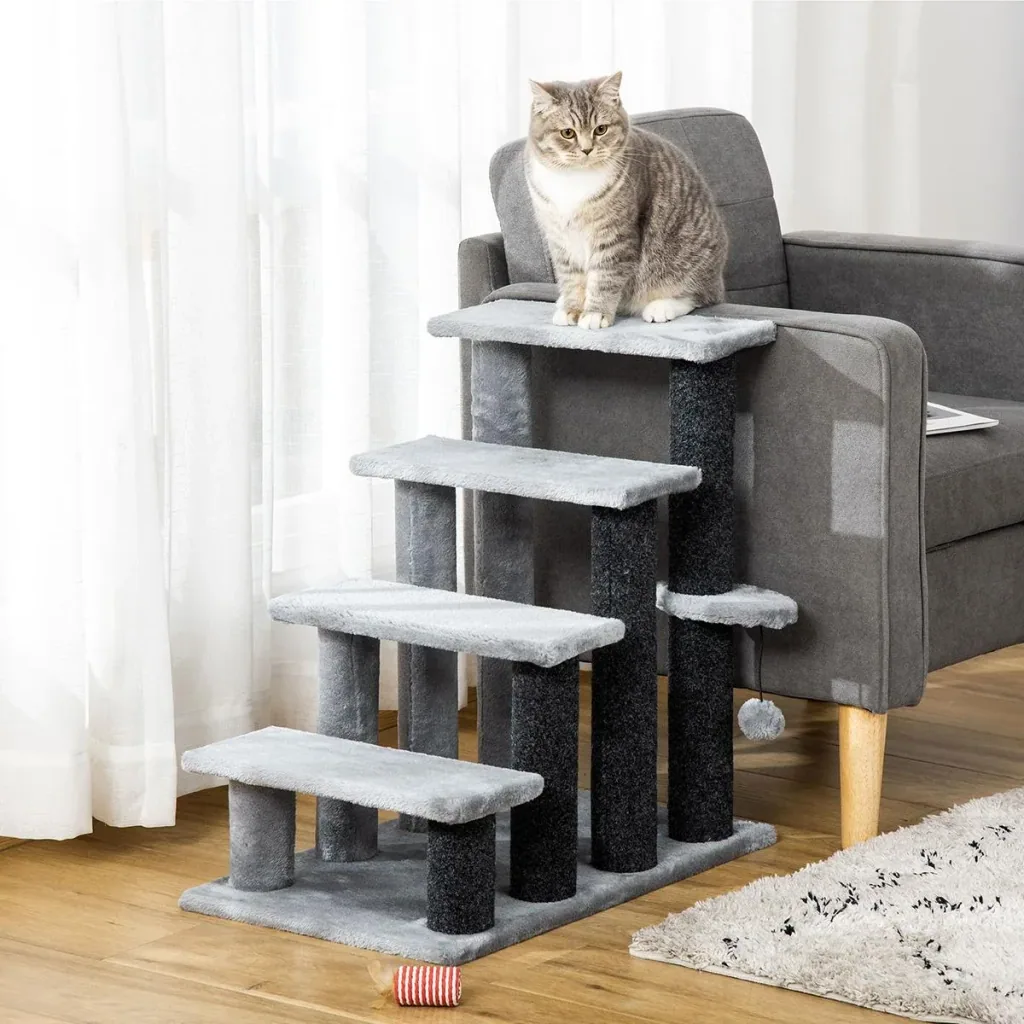 Haustiertreppe mit Kratzbaum Ball 4-stufige Katzentreppe Hundetreppe Tiertreppe Spanplatte Plüsch Jute Grau 60 x 40 x 64