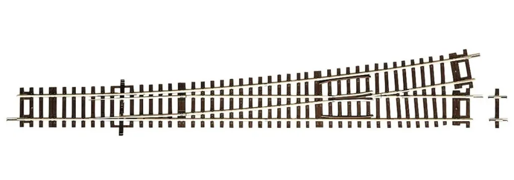 Weiche links Wl10 ohne Antrieb, Länge 345 mm (= G1+G½), Abzweigwinkel 10°, Abzweigradius 1946 mm, Herzstückwinkel 8,1°