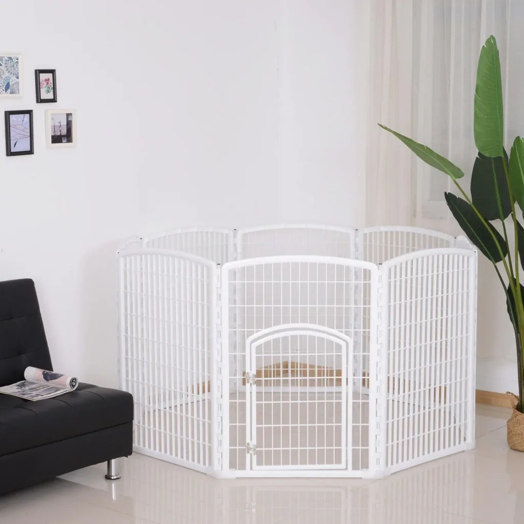 Welpengitter Freilaufgehege Laufstall für Haustiere mit Tür 6 Teile sechseckig PP-Kunststoff rostfrei Weiß Ø180 x H95 cm
