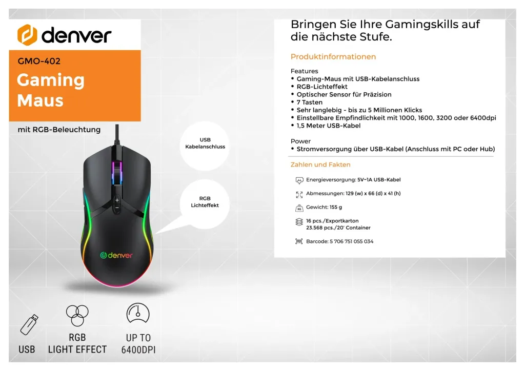 Gaming Mouse mit USB und RGB Licht 3200 dpi