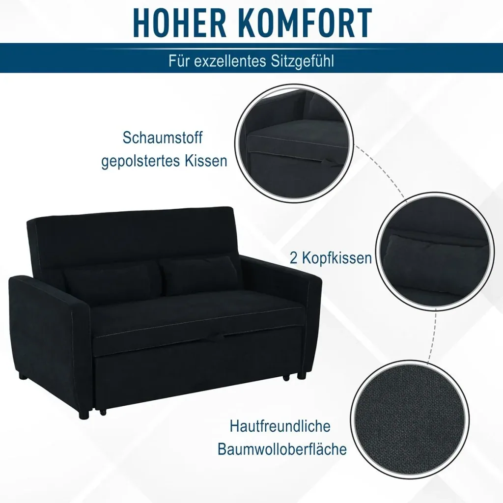 Schlafsofa, Klappsofa, 2-Sitzer Stoffsofa, Verstellbarer Winkel, Dunkelgrau, 148 x 82 x 89 cm