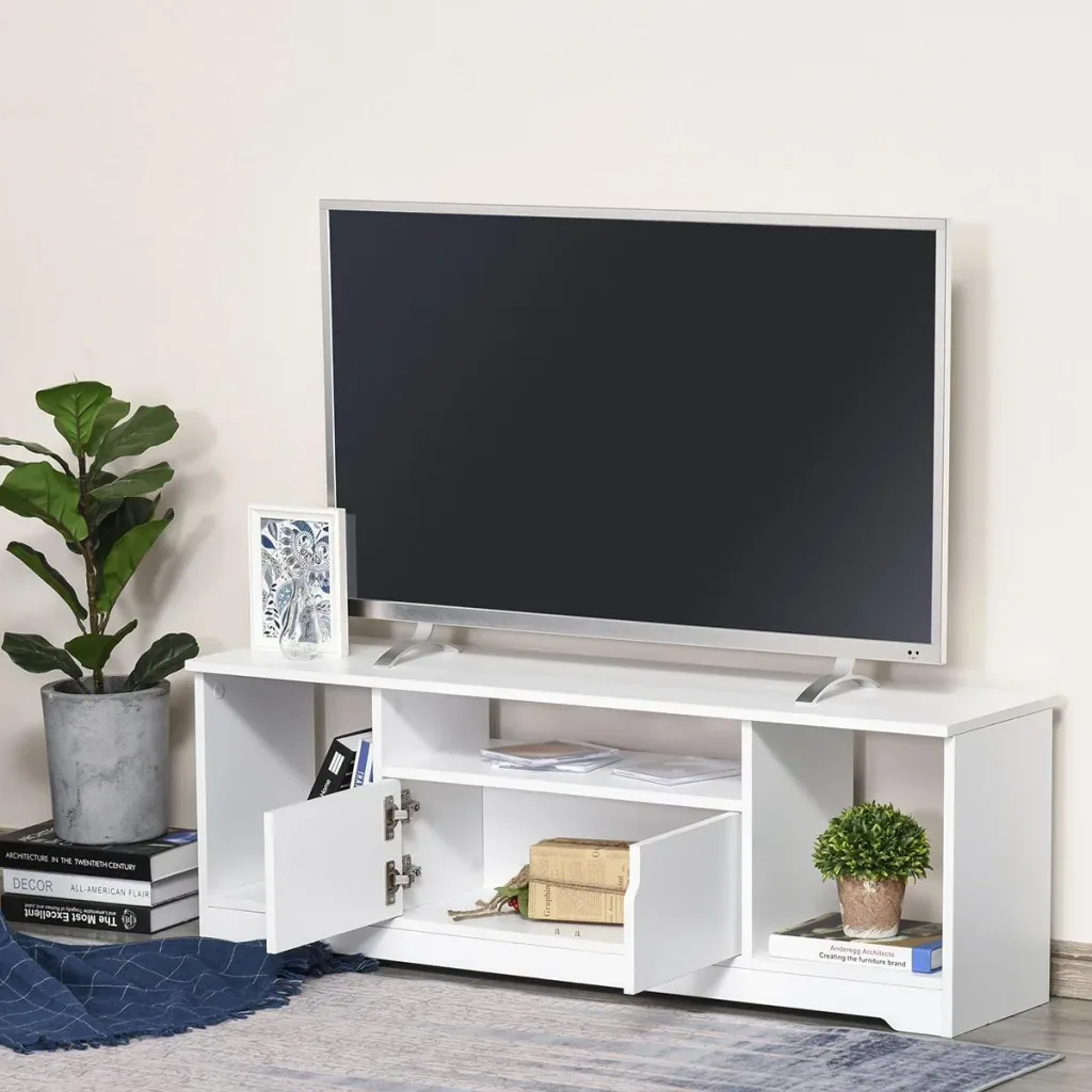 TV-Ständer, TV Schrank, TV-Kommode, Moderner Fernsehtisch mit Schrank und Offene Regale, Spanplatte, Weiß, 120 x 30 x 41