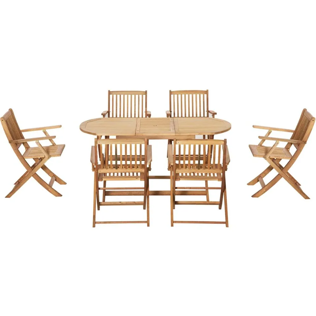 7-teiliges Gartenmöbel-Set mit Sonnenschirmöffnung im Tisch, Pappelholz, Farbe Teak