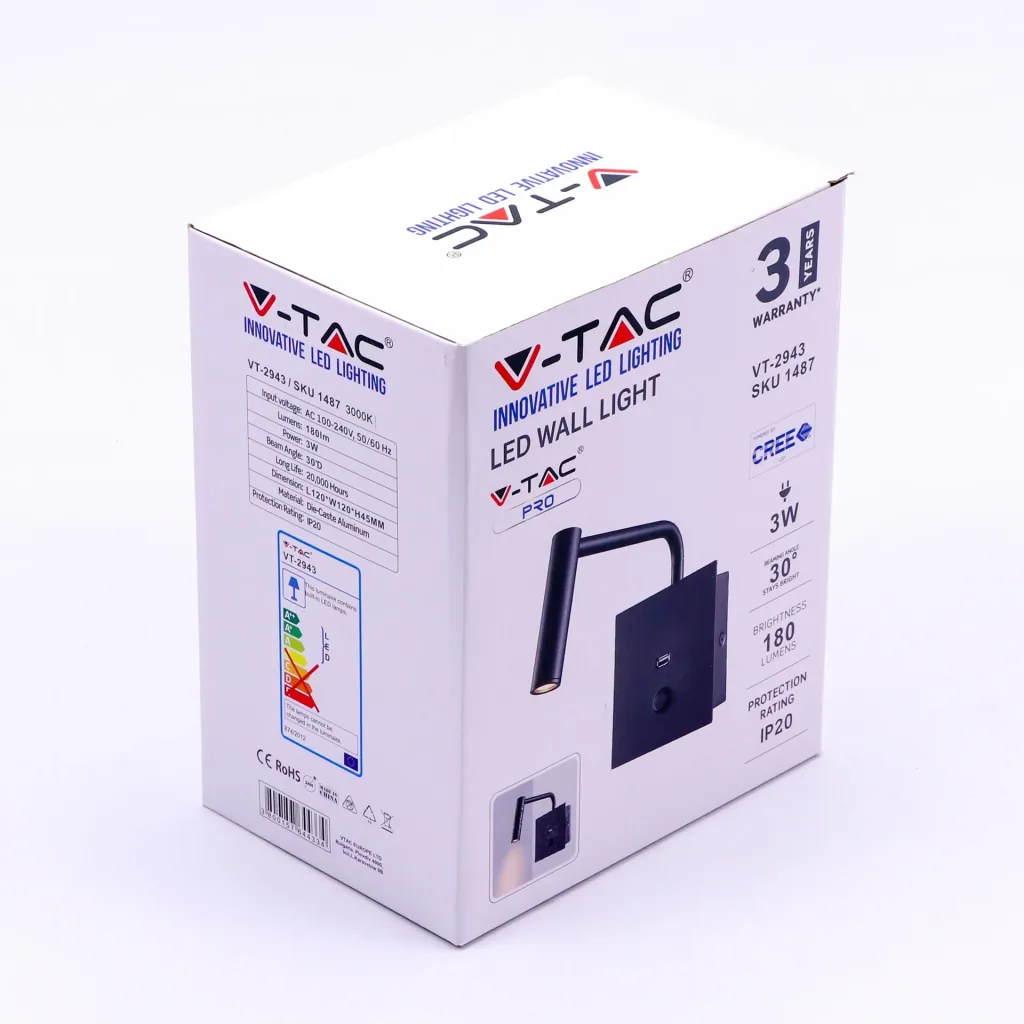 VT-2943 led-leselampe mit usb - wandhalterung - 3W - 180 Lumen - 3000K - schwarz - Ideal für neben Ihrem Bett